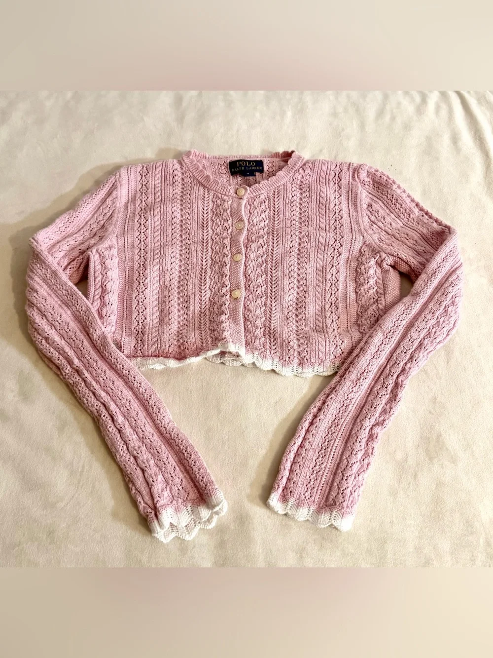 Polo by Ralph Lauren Pink Cropped Cable Knit Cardigan, sz M (8-10)